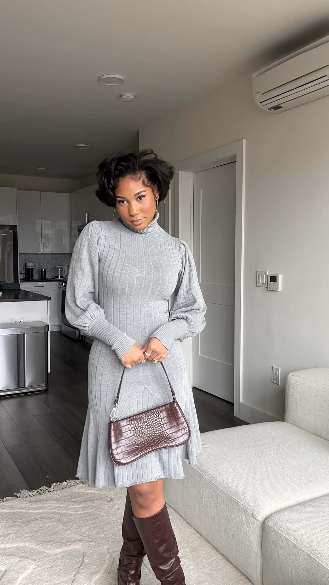 The famous gray dress! 
Dress is from Fashion Nova! Size Large is avail now!

https://www.fashionnova.com/products/aquarius-mermaid-sweater-midi-dress-heather-grey

I’ve tagged the bag 🫶🏽

#LTKVideo #LTKfindsunder50