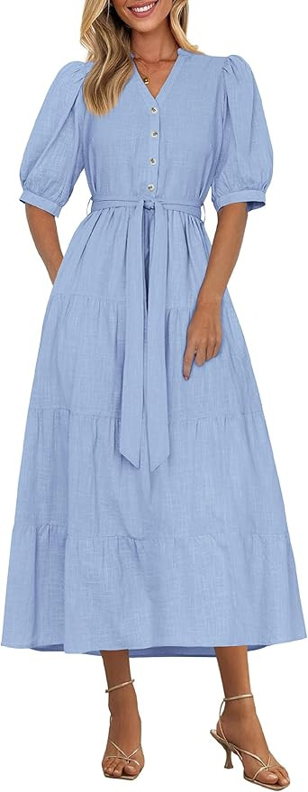 PRETTYGARDEN Women's Summer Midi Dress 2025 Casual Short Sleeve V Neck Buttons Belted Ruffle A Li... | Amazon (US)