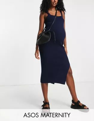 ASOS DESIGN Maternity knit square neck midi dress in navy | ASOS (Global)