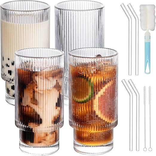 POPOPRO Ribbed Glass Cups with Straws 16oz, Ribbed Glassware Set of 4，Ribbed Drinking Glasses... | Amazon (US)