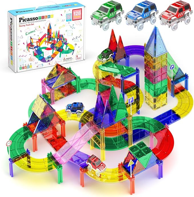 PicassoTiles 128 Piece Race Car Track Building Block Educational Toy Set Magnetic Tiles Magnet Pl... | Amazon (US)