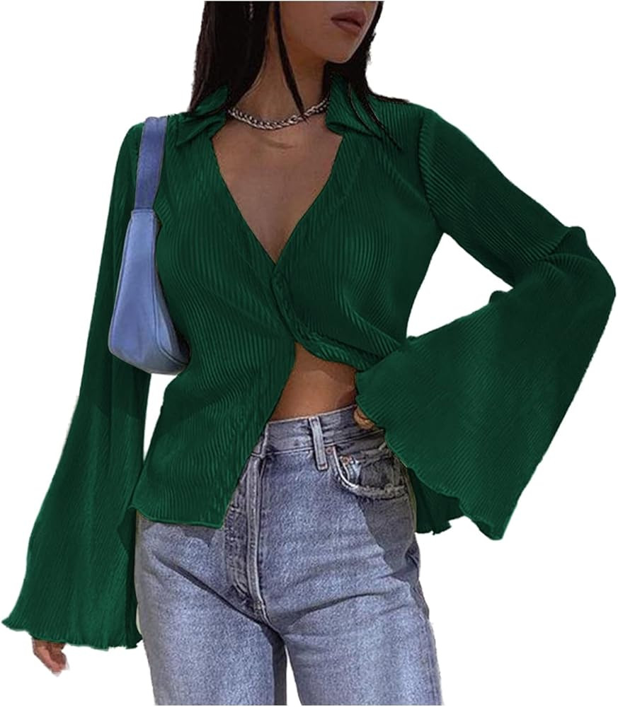 LYANER Women's Deep V Neck Button Front Bell Long Sleeve Blouse Shirt Top | Amazon (US)