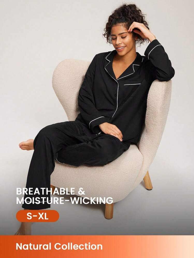 Soft Black Basic Long Pajama Set For Women Lounge Sets Clothes Cotton Pajamas | SHEIN