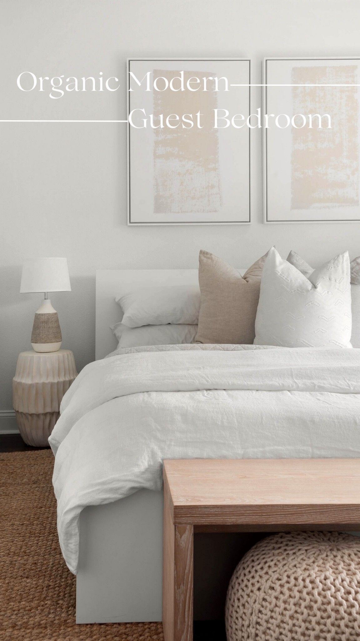 Organic Modern Guest Bedroom 

Drum end table 
Textured ceramic table lamp
White small Drum lamp shade 
White ash plank bench 
Knitted accent furniture bean bag chair 
Natural textured fiber area rug

#LTKstyletip #LTKSeasonal #LTKhome