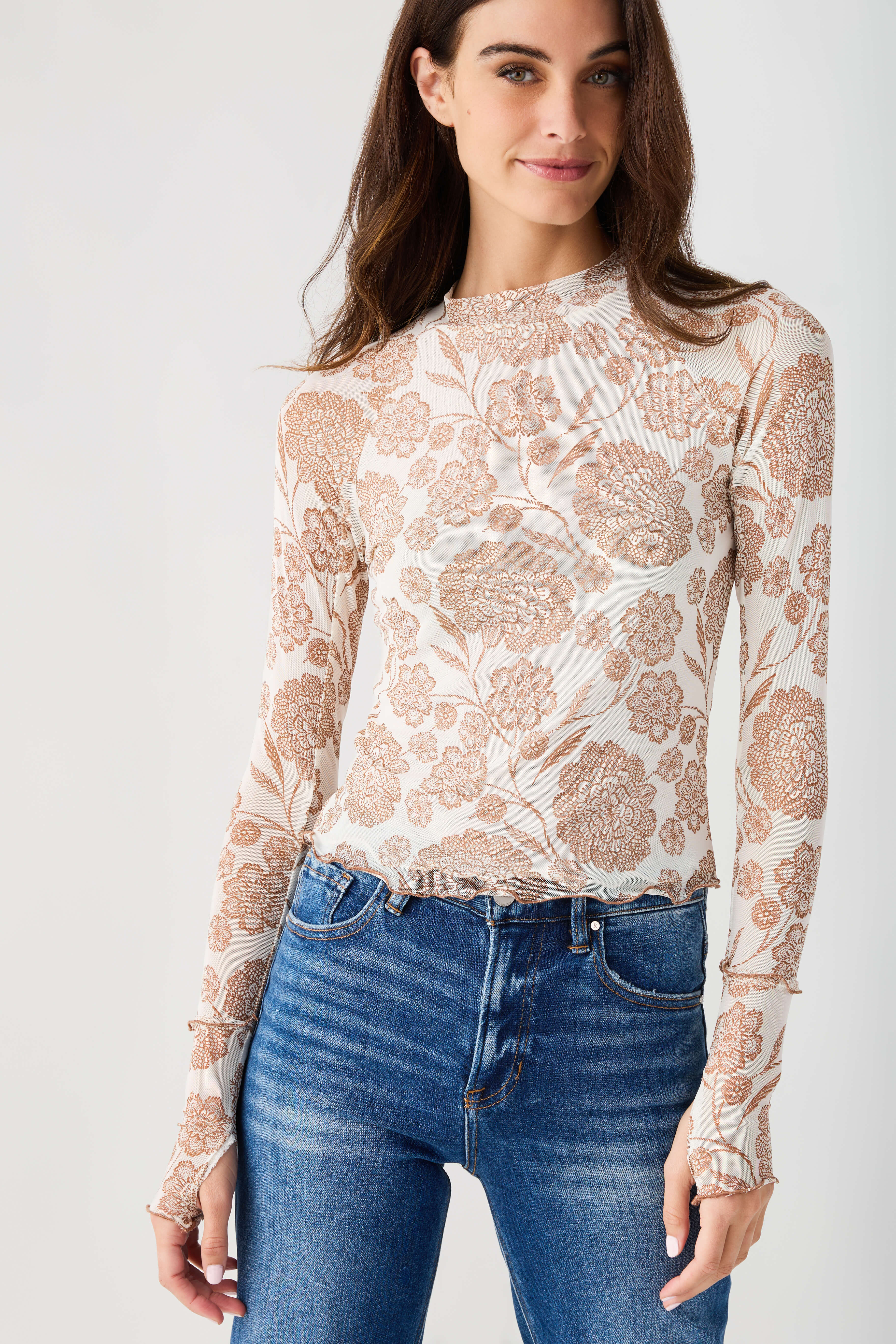 Promesa Floral Mesh Mock Neck Top | Social Threads