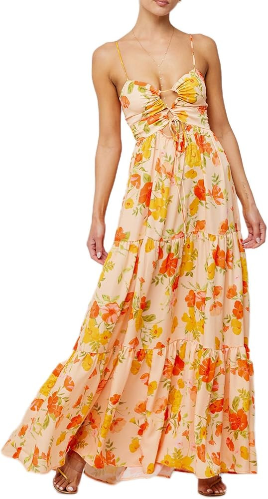 Womens Summer Spaghetti Strap Long Dress Boho Low Cut Dress Backless Flowy Midi Dress Bohemian Ma... | Amazon (US)