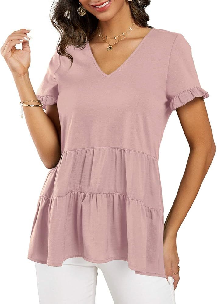 Imily Bela Womens V Neck Peplum Tops Summer Short Sleeve Babydoll Casual Ruffle T Shirt | Amazon (US)