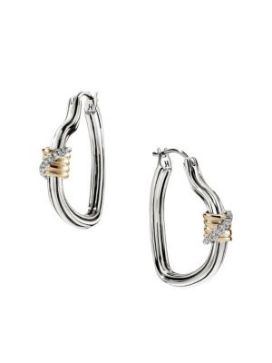 Bamboo J Hoop 14K Gold & Sterling Silver & 0.07 TCW Diamond Pavé Earrings | Saks Fifth Avenue OFF 5TH