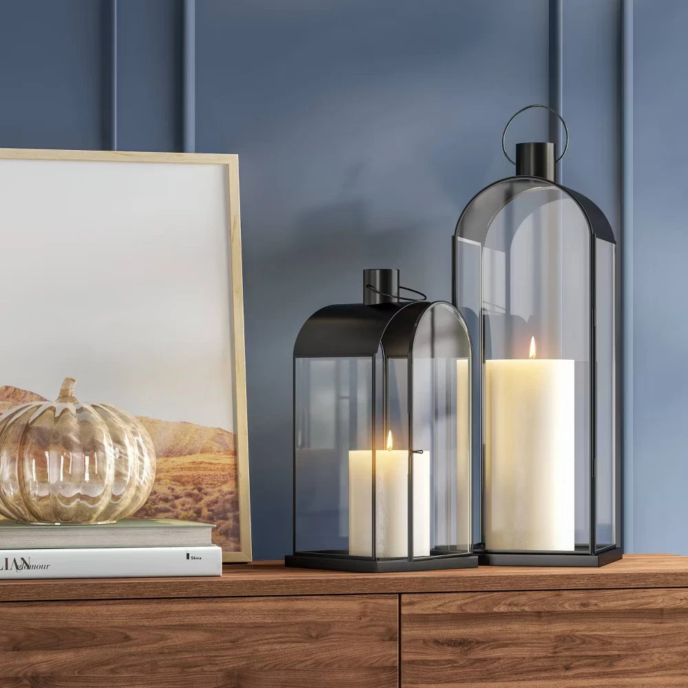Threshold Black Stainless Steel & Glass Lantern - Tabletop Decor | eBay US