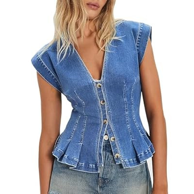 Nitzana Women's Denim Vest Trendy 2026 Cap Sleeve Deep V Neck Button Down Jean Vest… | Amazon (US)