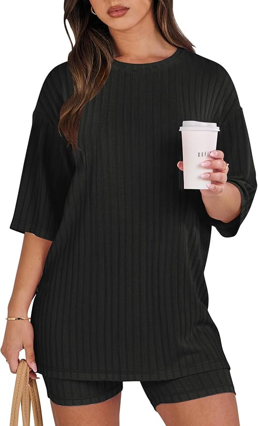 ANRABESS Women's Summer 2 Piece Outfits Lounge Sets Ribbed Knit Short Sleeve Loose Top and Biker ... | Amazon (US)