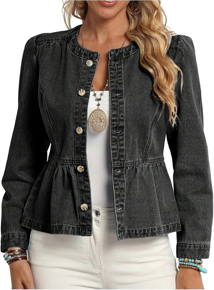 SweatyRocks Women's Button Down Short Denim Jacket Ruffle Crew Neck Peplum Jean Jacket Outwear | Amazon (US)