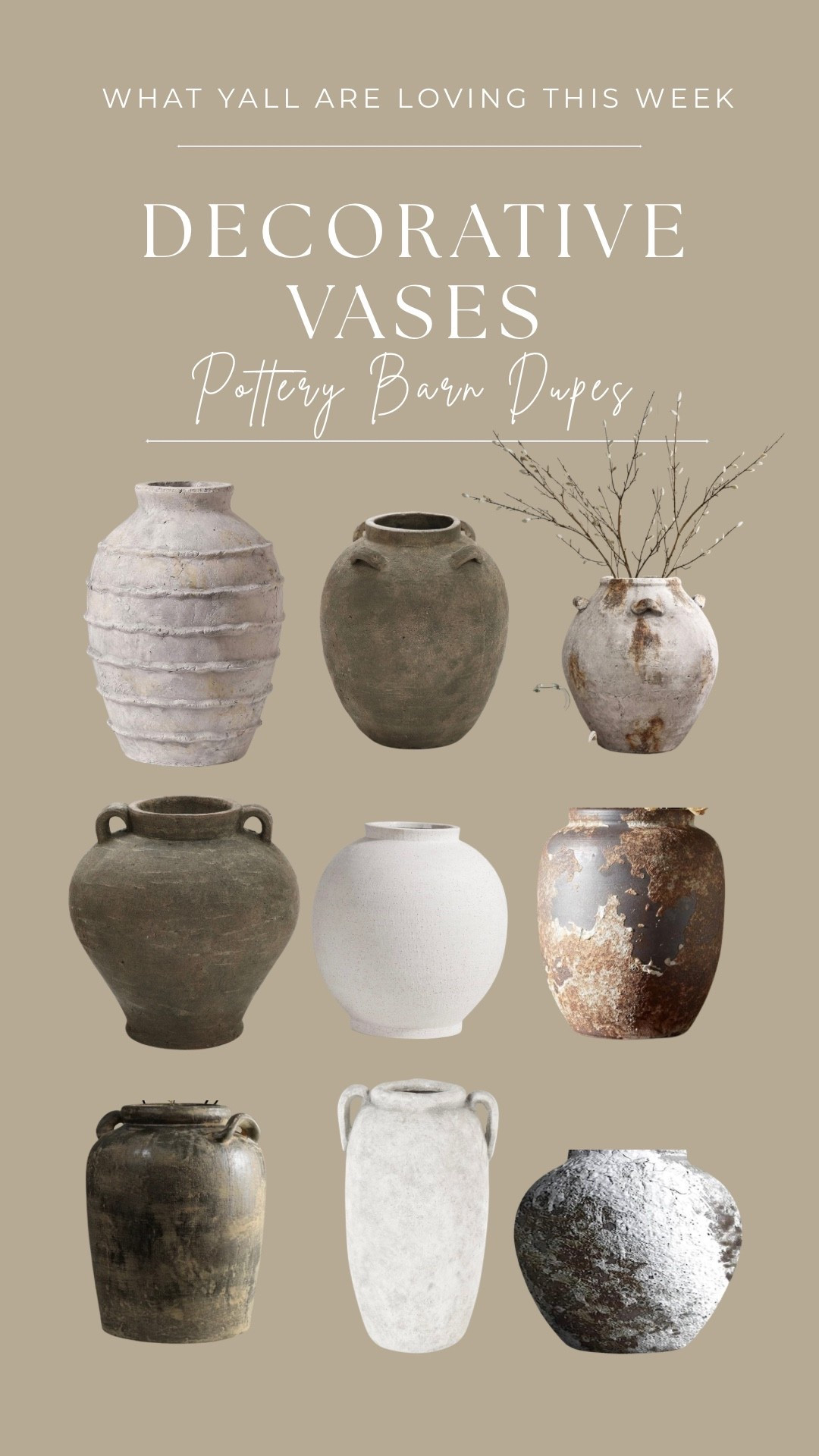 Pottery Barn dupes that are outstanding styling pieces for coffee, shelves and entryways. The top left is BEYOND 


•
•
•
Terracotta vases, weathered antique home decor, coffee table decor styling, spring refresh, winter cozy home, neutral, modern organic, Amazon home finds, target

#LTKHome