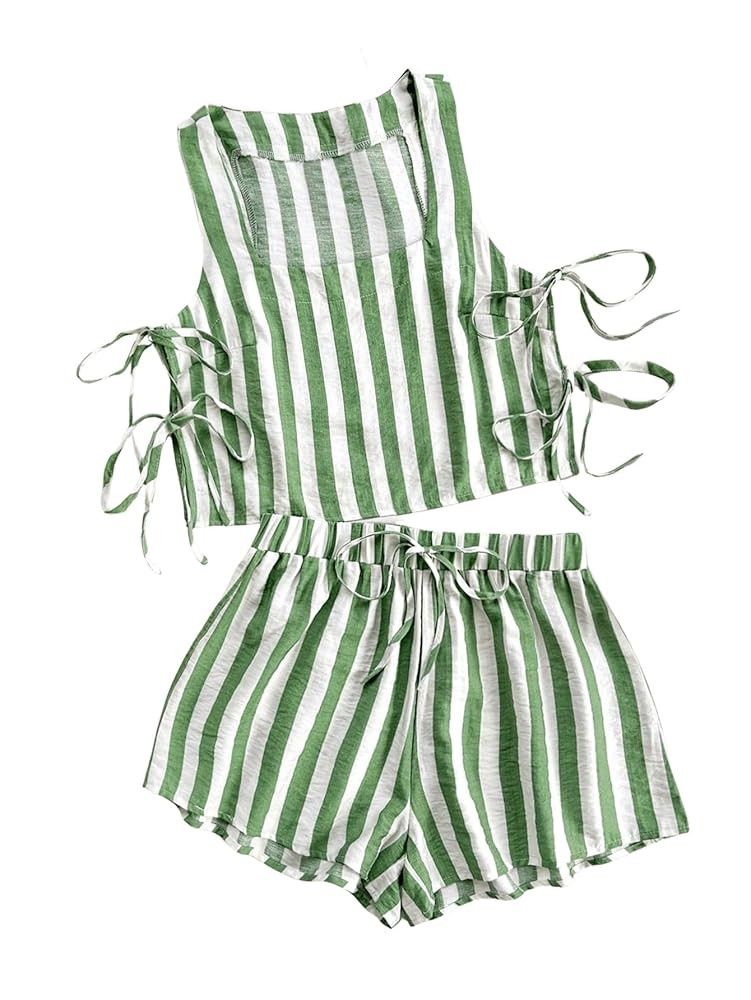 MakeMeChic Women's Summer Two Piece Outfit Striped Bow Square Neck Sleeveless Crop Tops and Short... | Amazon (US)