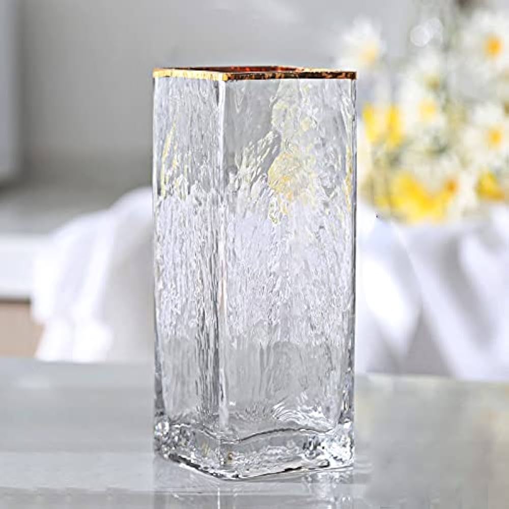 Elegant Simple Glass Vase,Modern Rectangle Vase, Table Glass Vase，Decorative Textured Glass Vas... | Amazon (US)