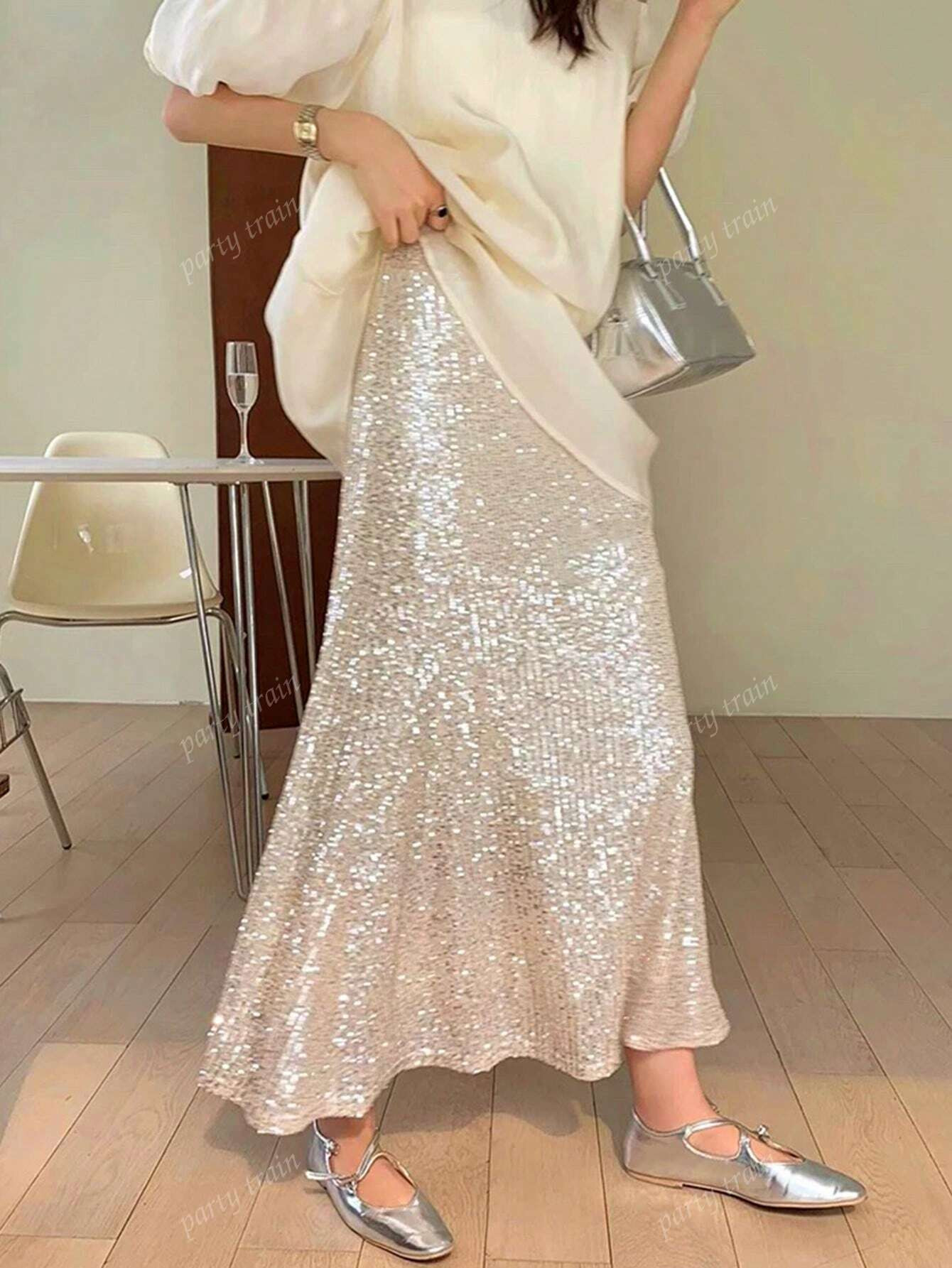 Women's High Waist Minimalist Sequin Mermaid Skirt, Casual Everyday Wear | SHEIN