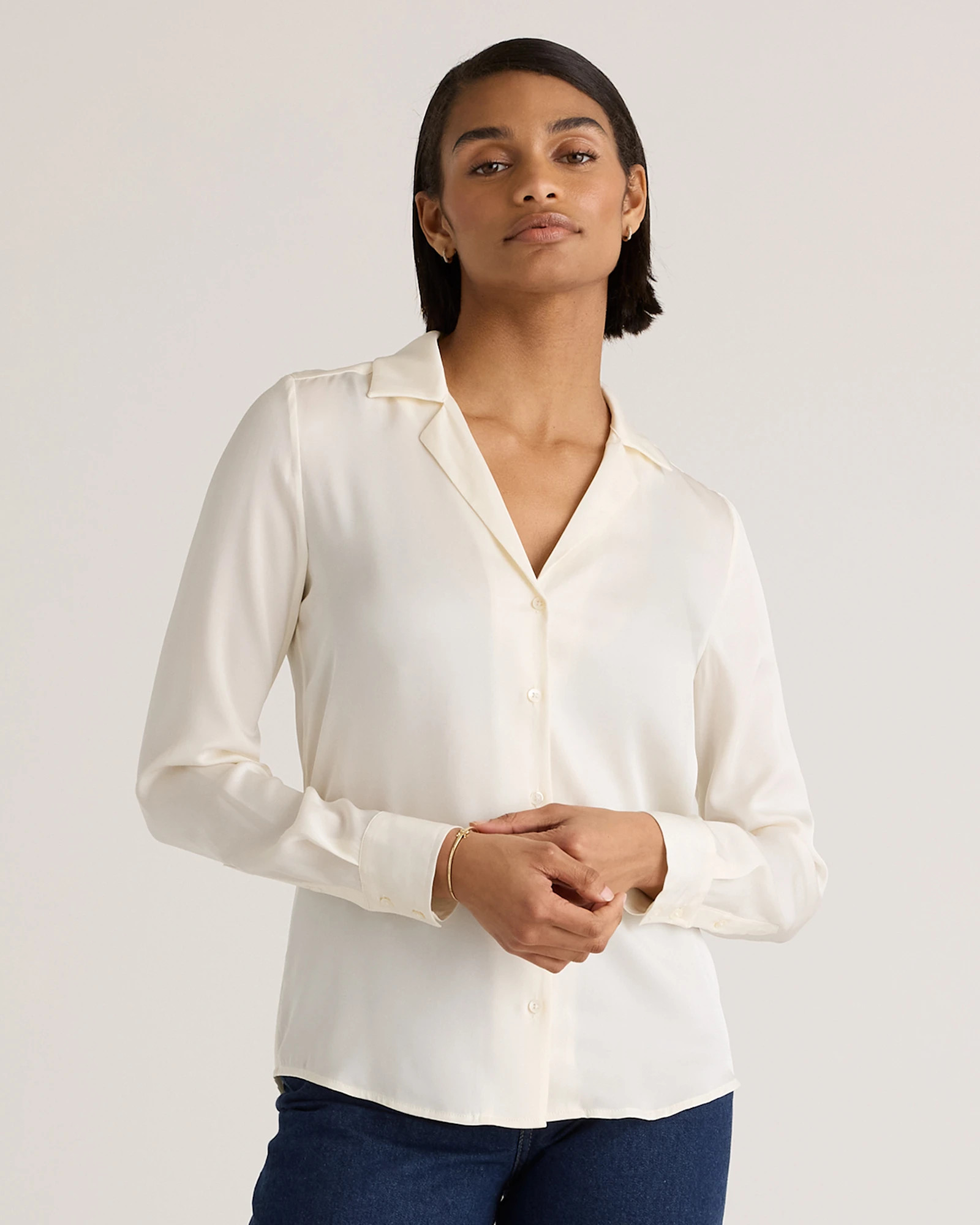 Quince | Women's 100% Washable Silk Stretch Notch Collar Blouse in Black, Size Large | Quince