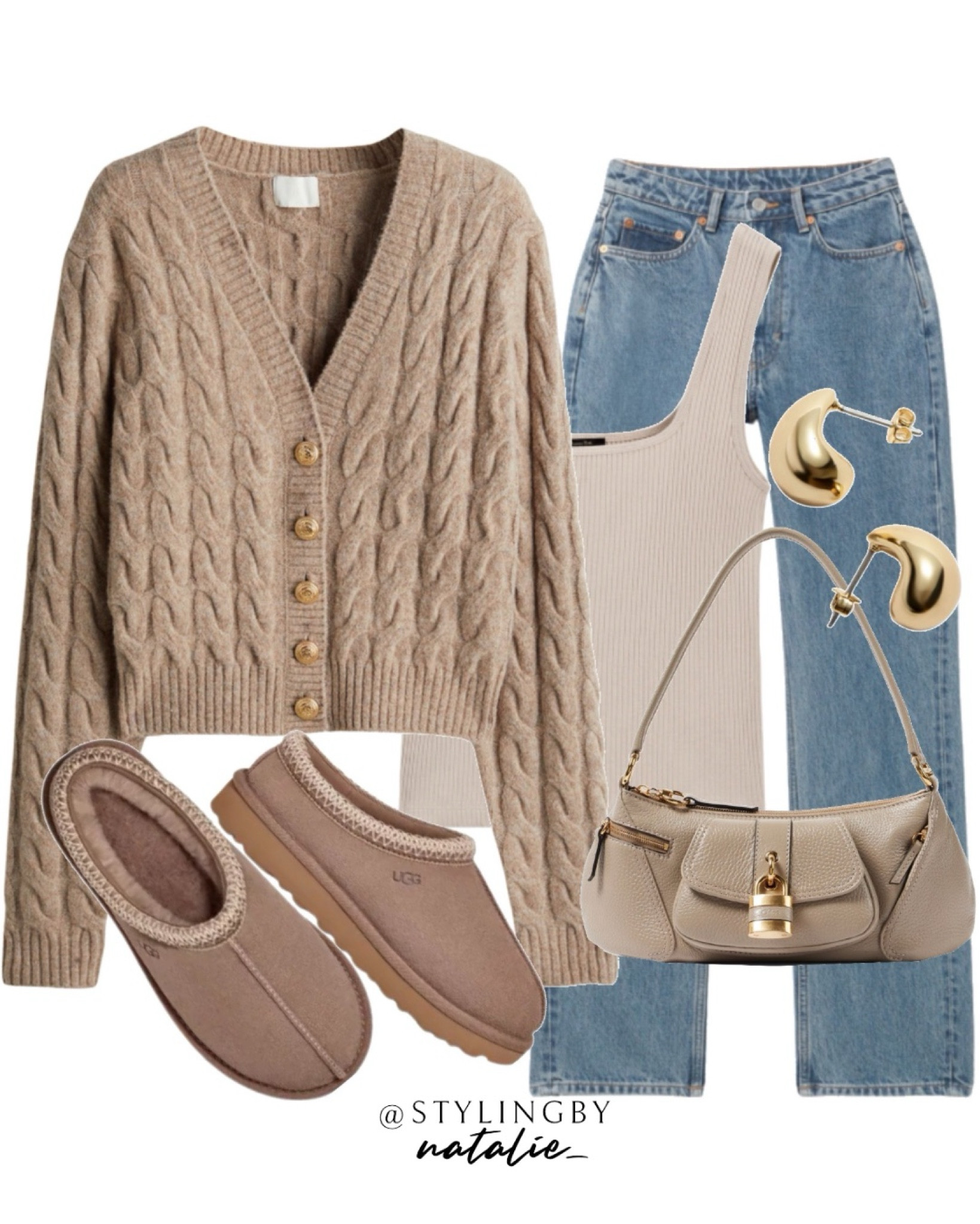 Cable knit cardigan, jeans, Ugg Tasman clogs, ribbed vest,  Chloe bag & gold earrings.
Autumn outfit, knitwear, chunky knits, casual look, fall outfit.

#LTKshoes #LTKstyletip #LTKautumn