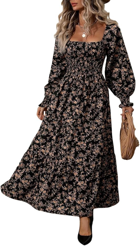 LIGHT DOT Women's Square Neck Casual Floral Dress Long Sleeve Printed Maxi Fall Dress Smocked Flo... | Amazon (US)