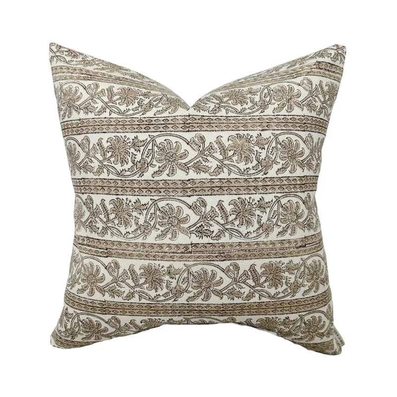 Helen | Warm Tan Floral Stripe Pillow Cover | Linen and James