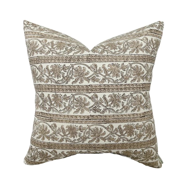 Helen | Warm Tan Floral Stripe Pillow Cover | Linen & James