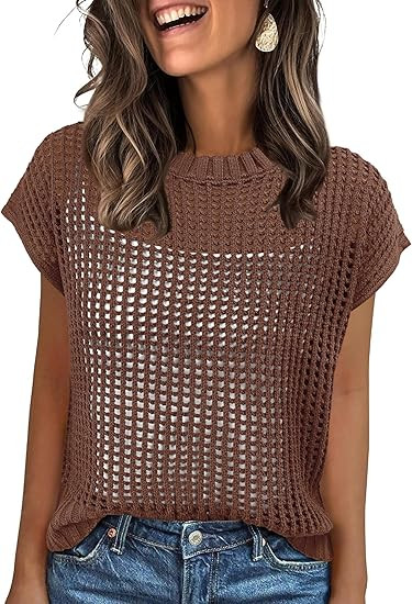 ANRABESS Womens Tops 2025 Trendy Summer Shirts Crochet Cap Sleeve Knitted Sweater Beach Vacation ... | Amazon (US)