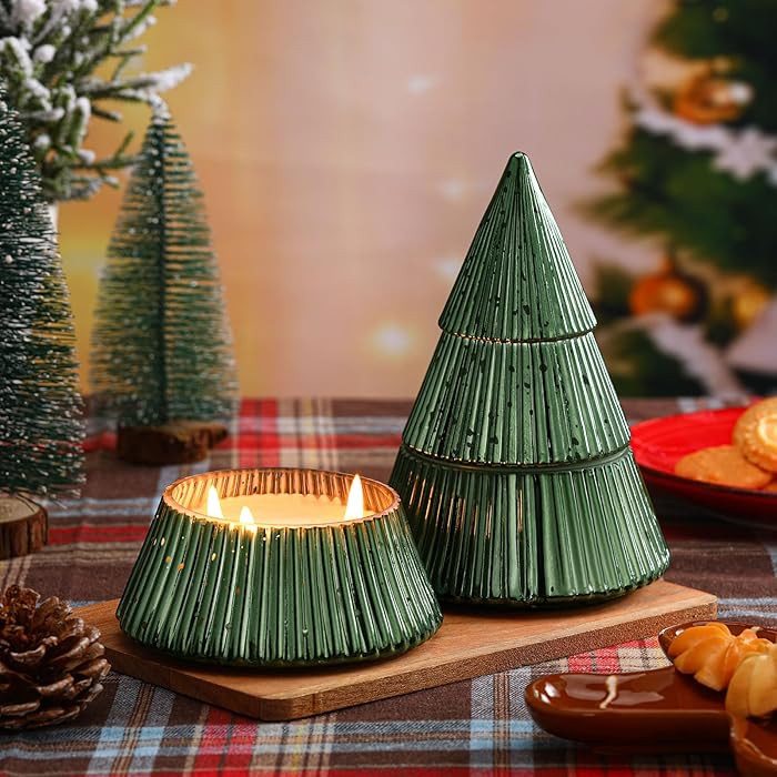 2 Pack Christmas Tree Shaped Candles with Retro Glass Jar Christmas Tree Table Decoration, Green ... | Amazon (US)