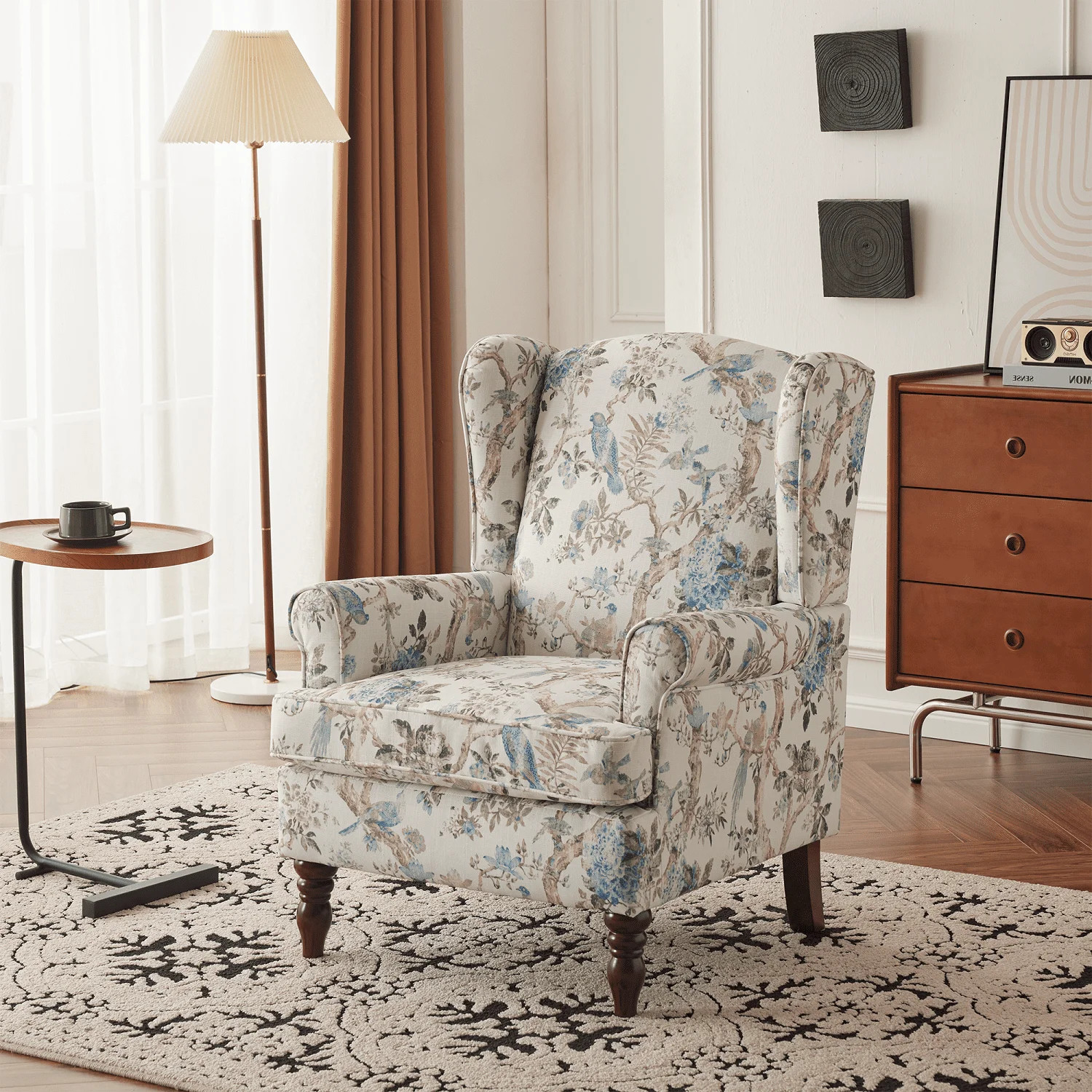 Hommow Vintage Floral Print Upholstered Armchair, White, with Dark Wood Legs | Walmart (US)