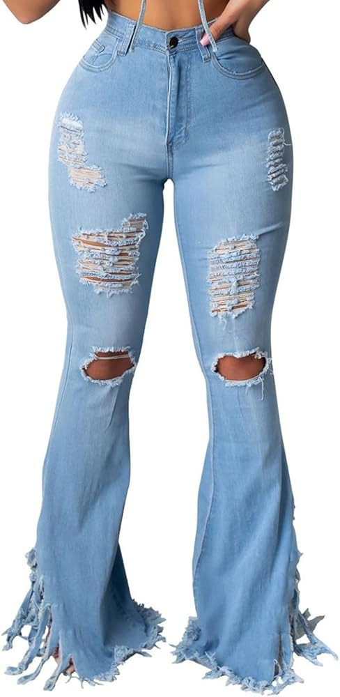 70s Bell Bottom Jeans for Women Elastic High Waisted Raw Hem Denim Pants Classic Vintage Flared J... | Amazon (US)