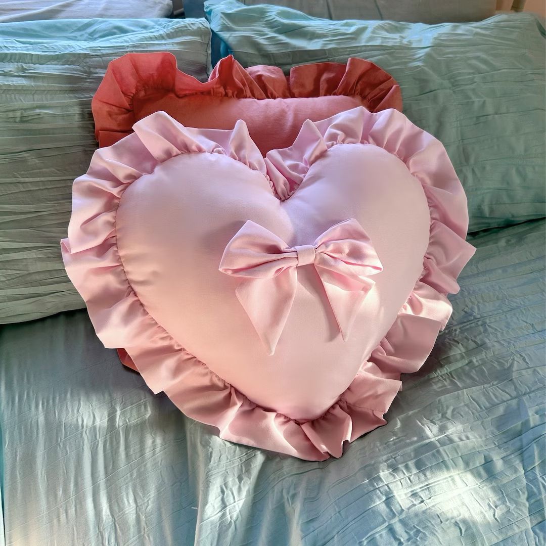 Custom Ruffle Heart Cushion Cute Throw Pillow Scatter Cushion Cute Home Decor Pink Ribbon Soft Fu... | Etsy (US)
