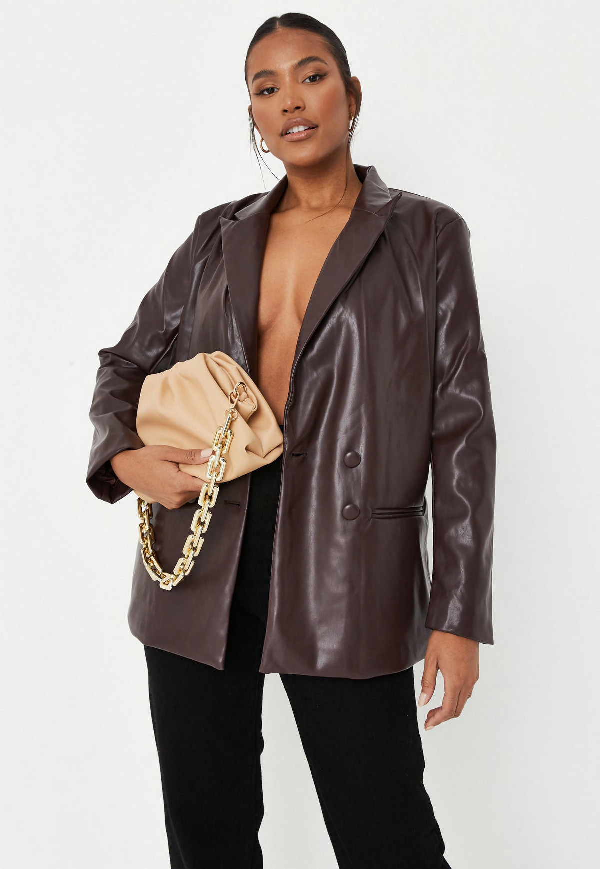 Premium Chocolate Faux Leather Oversized Blazer | Missguided (US & CA)