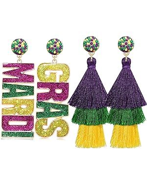 2 Pairs Mardi Gras Halloween Thanksgiving Earrings for Women Beaded Glitter Mask MARDI GRAS Fleur... | Amazon (US)