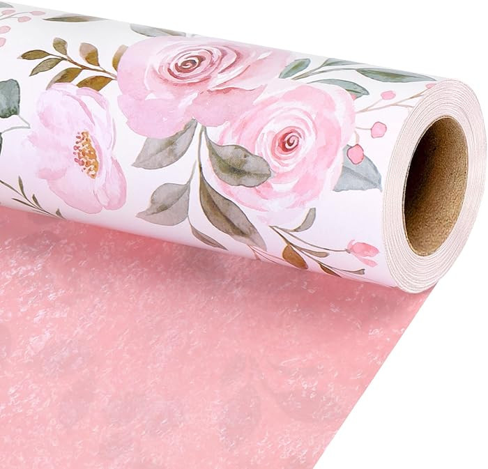 BIOBROWN Reversible Floral Wrapping Paper Roll - 17 Inches X 33 Feet (47 sq. ft. ttl.) Pink Water... | Amazon (US)