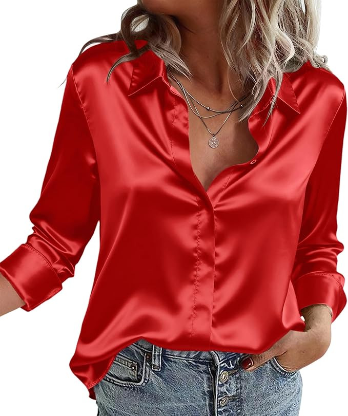 Zeagoo Satin Blouses for Women Casual Long Sleeve Button Down Silk Shirts Dressy Business Work Tu... | Amazon (US)