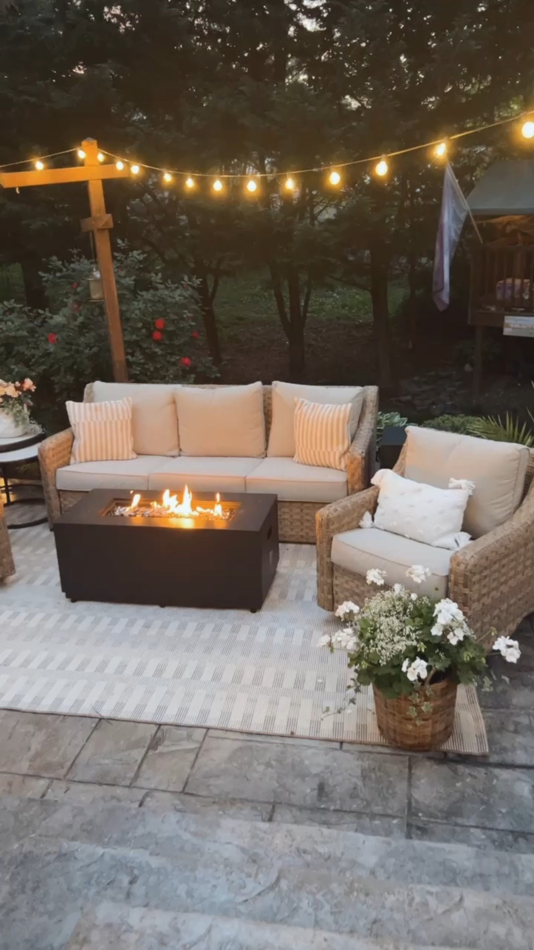 Outdoor patio set
Outdoor gas fire pit
Outdoor wicker patio furniture
Outdoor rug
Walmart Better Homes & Gardens outdoor decor
Porch decor
Rectangular gas fire pit 
Solar lights 

#LTKHome #LTKSeasonal #LTKStyleTip