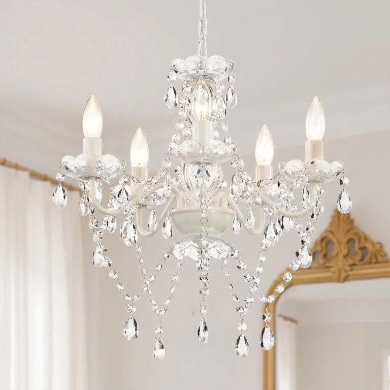 Small White Crystal Chandelier, 5-Light Glass Ceiling Light Fixture, E12 Base, Adjustable Chain, ... | Walmart (US)