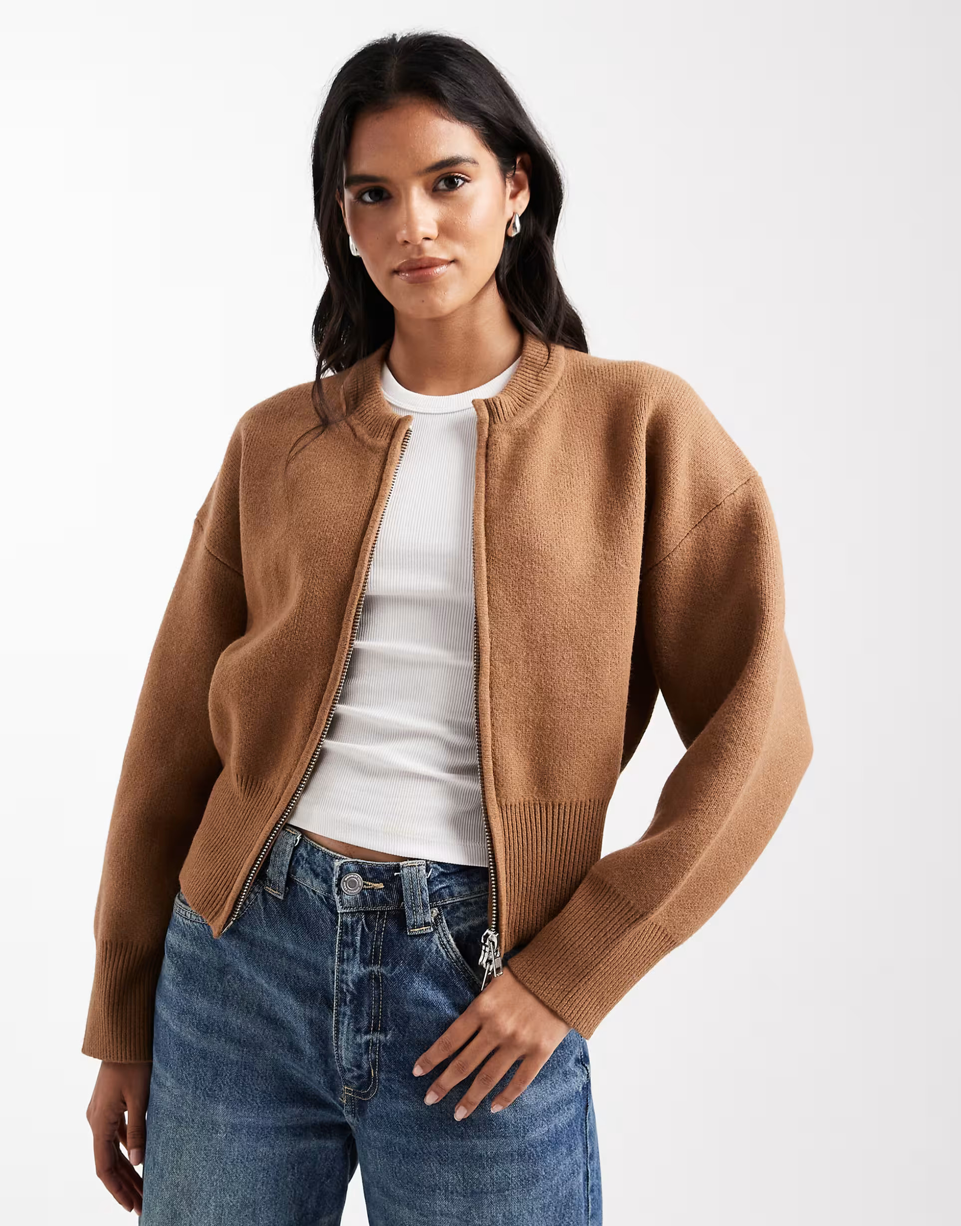 ASOS DESIGN knitted clean zip through jumper in toffee | ASOS | ASOS (Global)