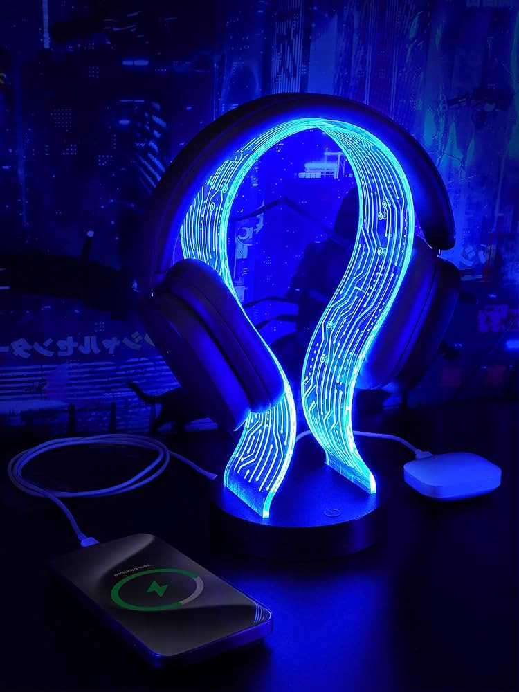 Light Up Headphone Stand with 16 Color Lights, PCB Pattern Acrylic Headset Stand with 1 USB and 1... | Amazon (US)
