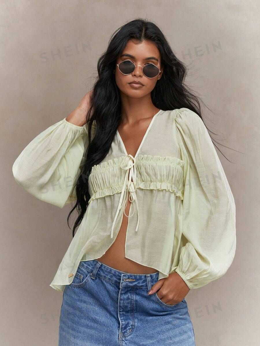 MISSGUIDED Sheer Frill Bust Balloon Sleeves Shirt Blouse | SHEIN