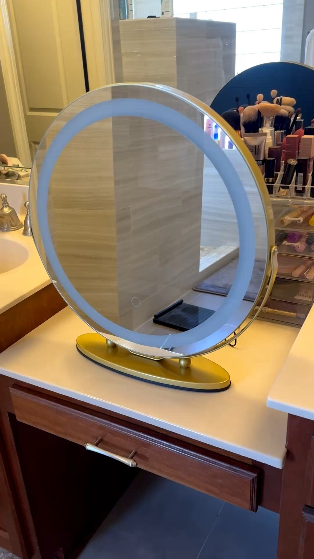 I love this oversized round vanity mirror! It has 3 different light settings, plus-in style and can stick to the counter. Love the extra brightness! 
@Wayfair 



#LTKmomlife #LTKBeauty #LTKHome