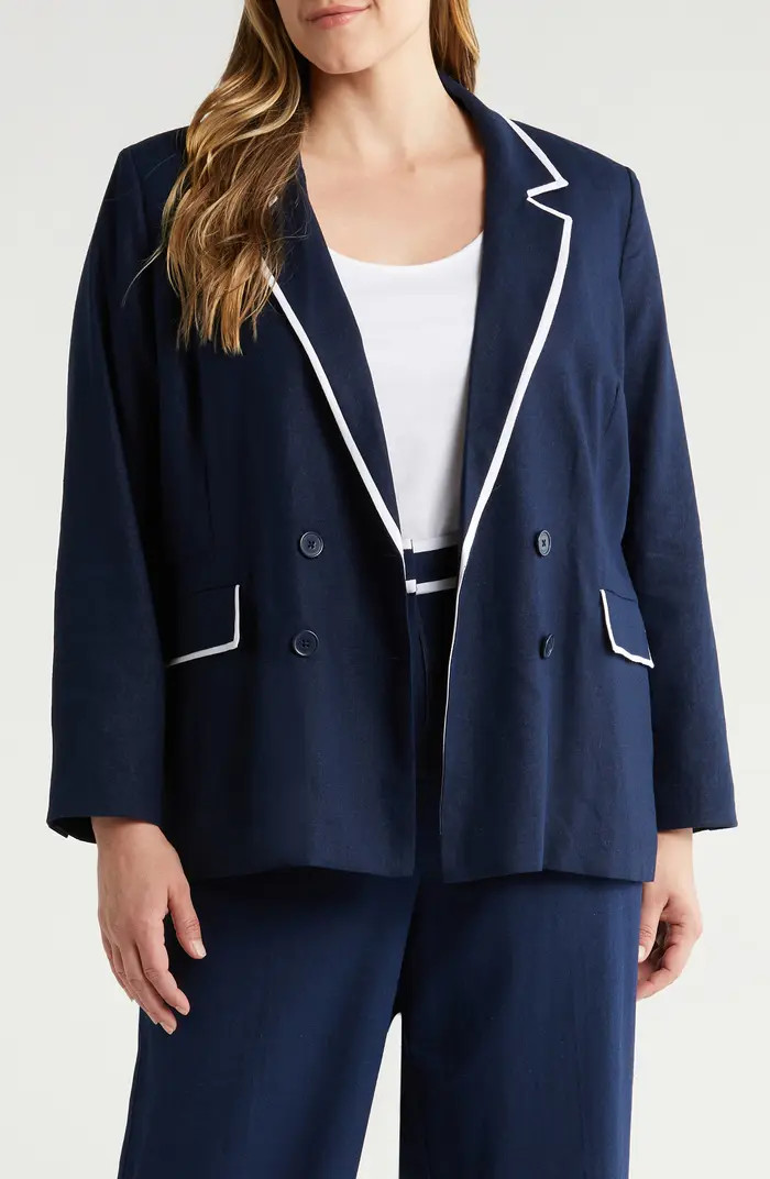 Halogen® Piped Double Breasted Linen Blend Blazer | Nordstrom | Nordstrom