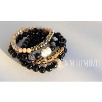 Black Onyx Sparkle Crystal Stack Bracelets, Beaded Handmade Bracelets Set | Etsy (US)