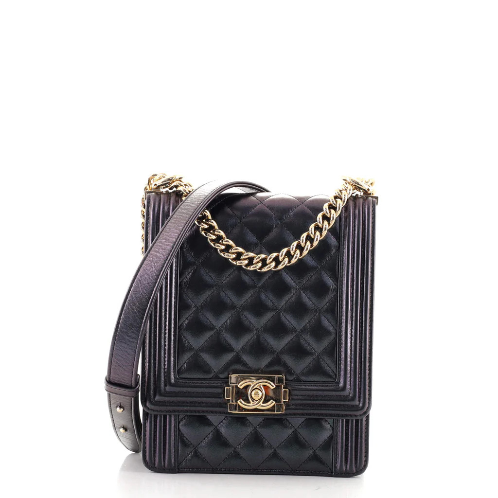 Chanel North South Boy Flap Bag Quilted Iridescent Calfskin Small Blue 1345661 | Rebag