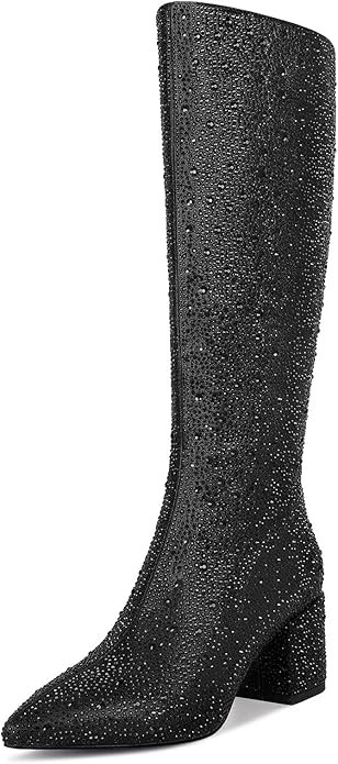 wetkiss Rhinestone/PU Low Chunky Pointed Toe Knee High Boots for Women with Full Bling Sparkly Cr... | Amazon (US)