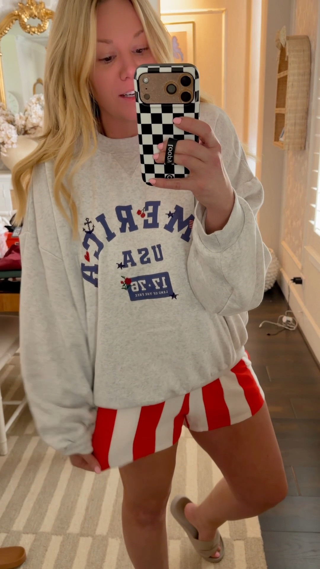 Cute Fourth of July outfit! I size up to an extra large, but you could definitely just size up one and you’ll be fine and then the shorts are true to size