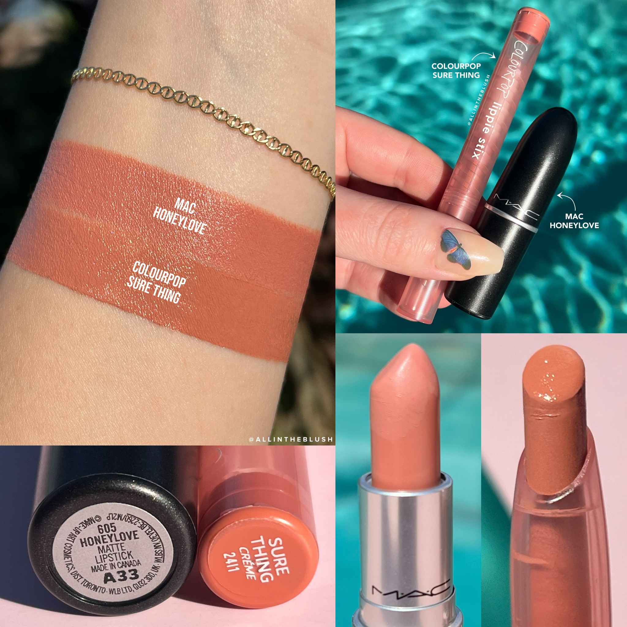 Swatch comparisons between MAC Honeylove Lipstick & ColourPop Sure Thing Lippie Stixx

#LTKBeauty