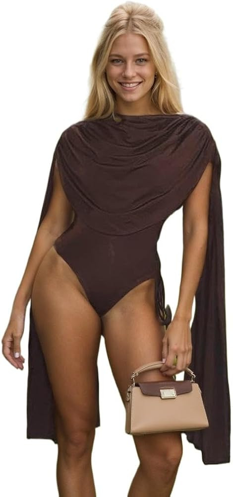 Women Draped Neck Long Ribbon Bodysuit with Button Fashion Sleeveless Slim Fitted Jumpsuit for Ho... | Amazon (US)
