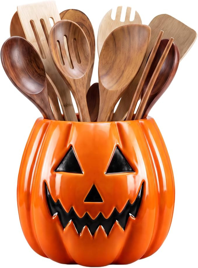 Ceramic Pumpkin Utensil Holder, Halloween Kitchen Decor Crock | Amazon (US)