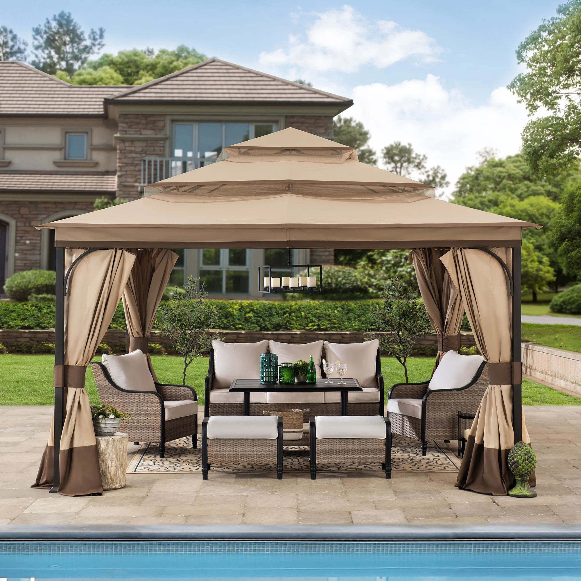 Sunjoy Patio 13 ft. x 13 ft. Steel Gazebo with 3-tier Tan and Brown Canopy | Walmart (US)