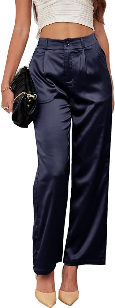 heipeiwa Women's Wide Leg Wedding Party Satin Casual Dress Nightout Pants Long Trouser | Amazon (US)